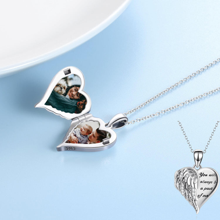 925 Sterling Silver Angel Wing Heart Photo Locket Necklace, You Will Always Be a Part Of Me
