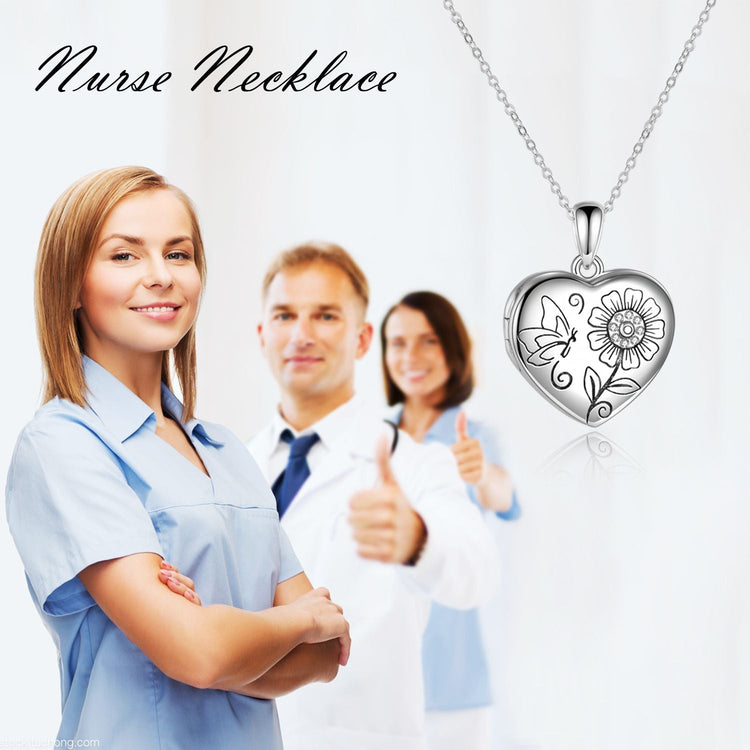 925 Sterling Silver Heart Flowers And Butterfly Photo Locket Necklace - onlyone