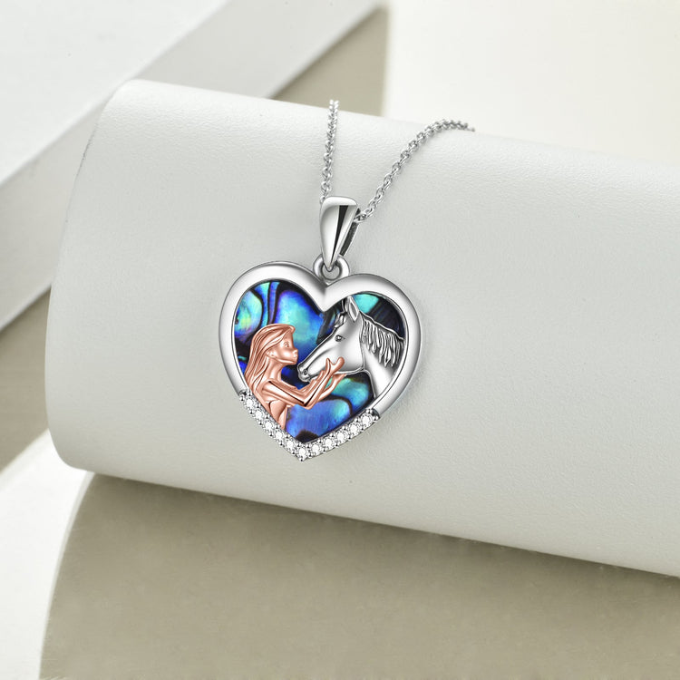 925 Sterling Silver Horse with Girl Heart Pendant Necklace for Girls, Girlfriend,Women, Teens,  Daughter