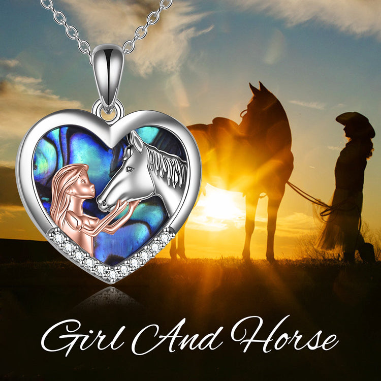 925 Sterling Silver Horse with Girl Heart Pendant Necklace for Girls, Girlfriend,Women, Teens,  Daughter