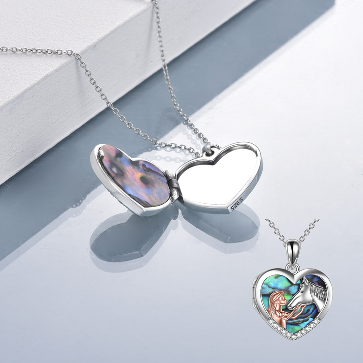 Cheval en argent sterling 925 avec boîte à photo en forme de cœur de fille Collier pendentif