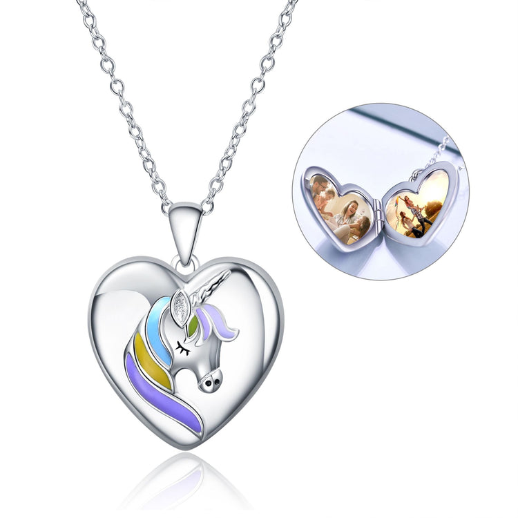 925 Sterling Silver Heart Unicorn Custom Photo Locket Necklace - onlyone