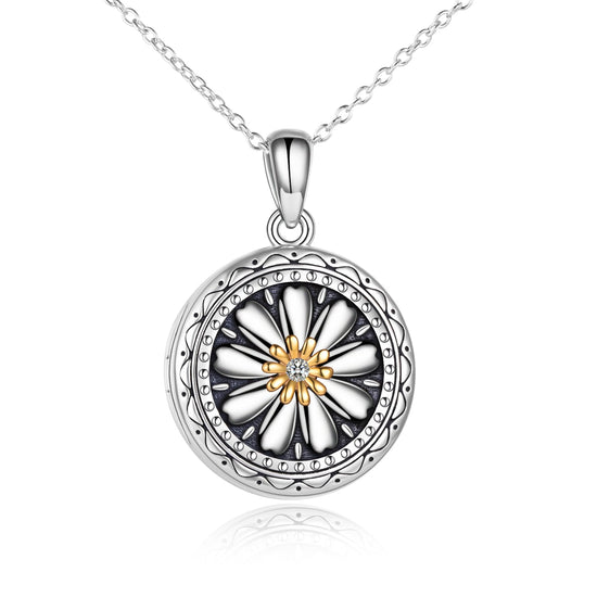 925 Sterling Silver Daisy Open Locket Photo Necklace - onlyone