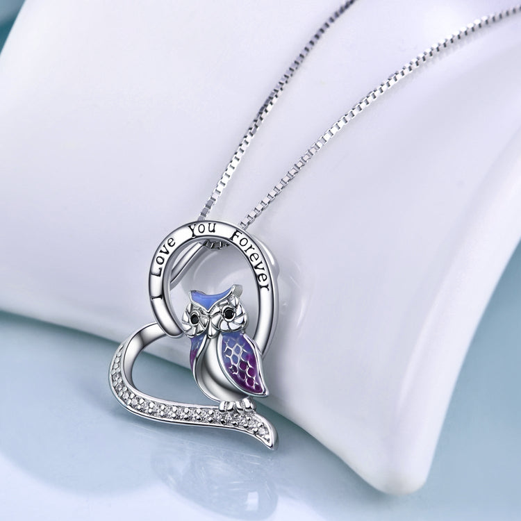 925 Sterling Silver Heart Owl Necklace - onlyone