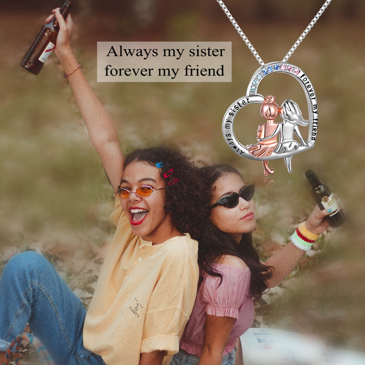925 Sterling Silver Always My Sister Forever My Friend Heart Pendant Jewelry Birthday Graduation Gift for Women - onlyone
