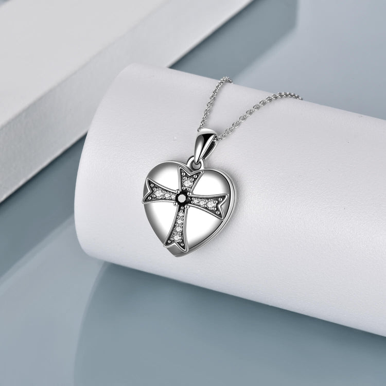 925 Sterling Silver Heart Zirconia Cross Heart Photo Locket Necklace