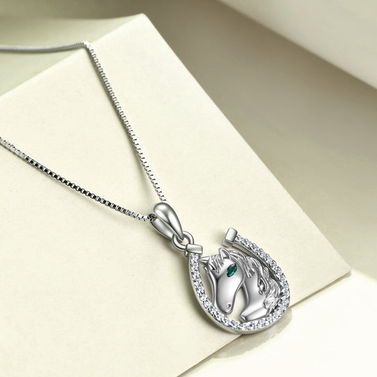 925 Sterling Silver Lucky Horseshoe and Horse Pendant Necklace - onlyone