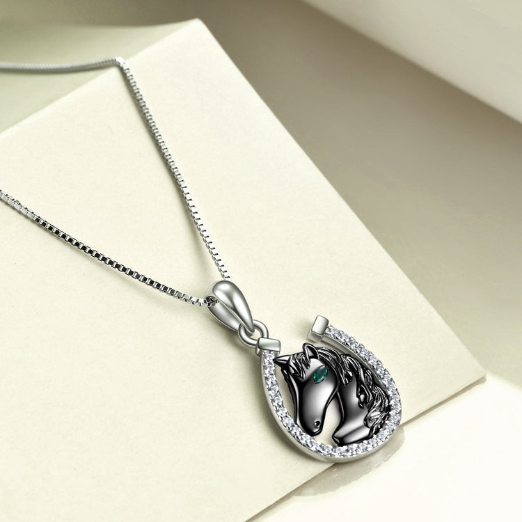 925 Sterling Silver Lucky Horseshoe and Horse Pendant Necklace - onlyone