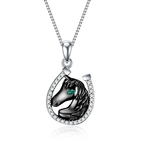 925 Sterling Silver Lucky Horseshoe and Horse Pendant Necklace - onlyone