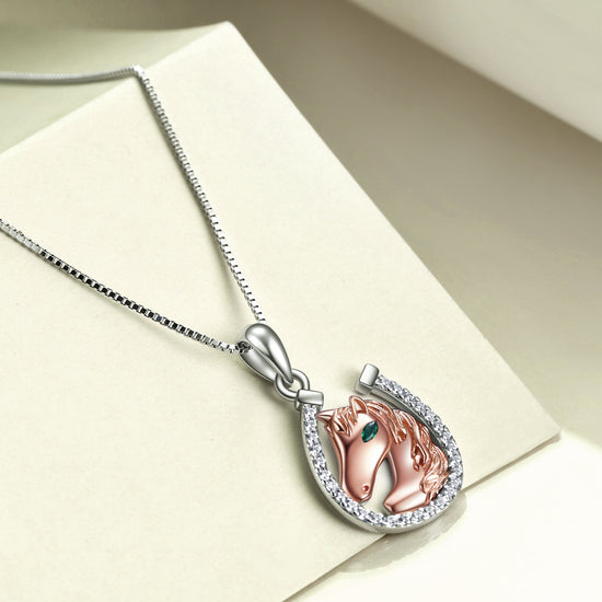 925 Sterling Silver Lucky Horseshoe and Horse Pendant Necklace - onlyone