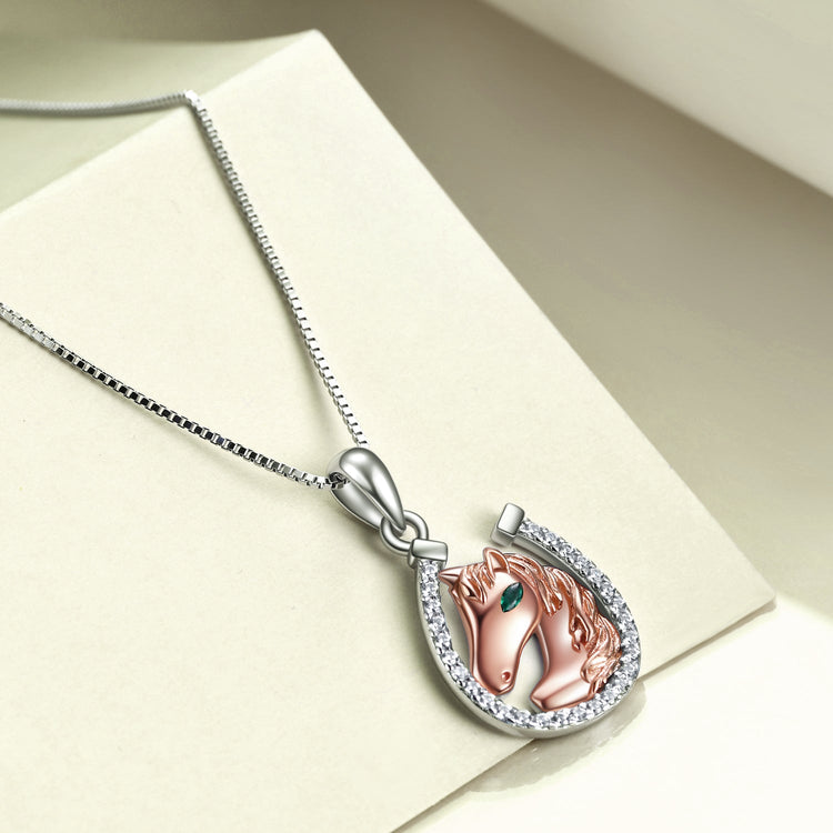 925 Sterling Silver Lucky Horseshoe and Horse Pendant Necklace - onlyone