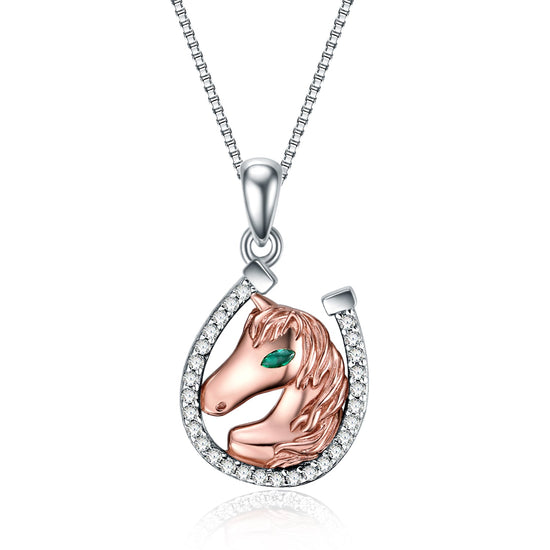 925 Sterling Silver Lucky Horseshoe and Horse Pendant Necklace - onlyone
