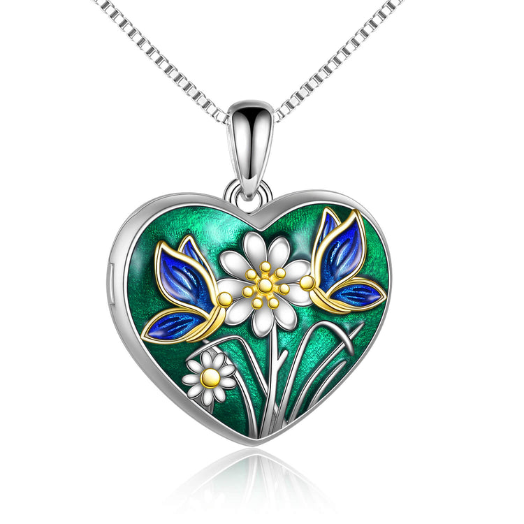 925 Sterling Silver Flower And Butterfly Heart Photo Locket Necklace