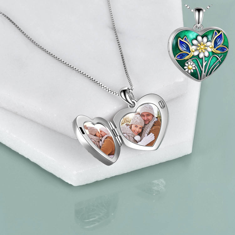 925 Sterling Silver Flower And Butterfly Heart Photo Locket Necklace