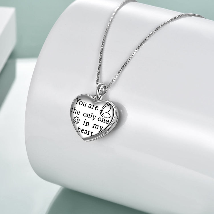 925 Sterling Silver Flower And Butterfly Heart Photo Locket Necklace