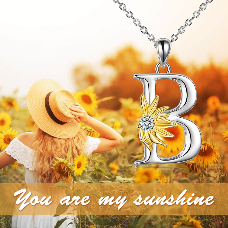 925 Sterling Silver Sunflower Initial Necklace