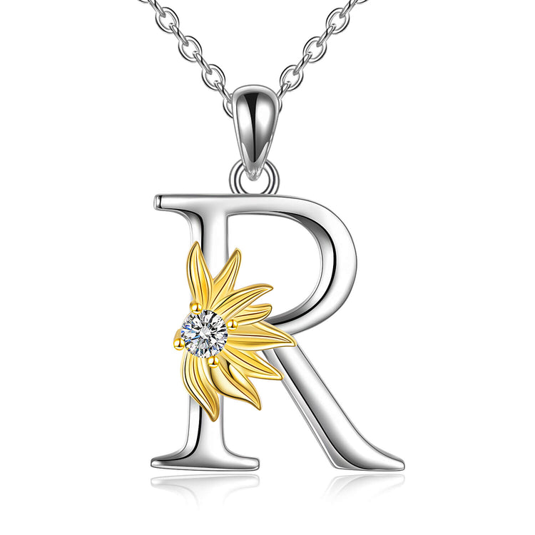 925 Sterling Silver Sunflower Initial Necklace