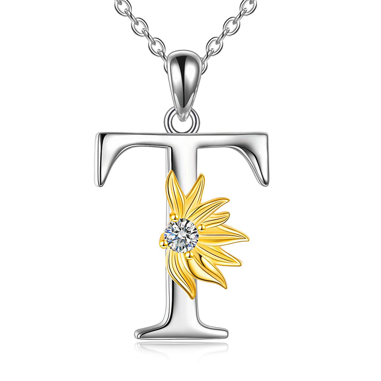925 Sterling Silver Sunflower Initial Necklace