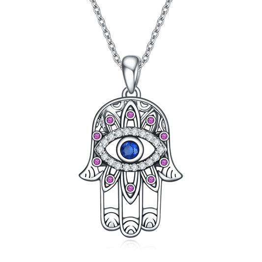 925 Sterling Silver With Cubic Zirconia Hamsa Hand Pendant Necklace