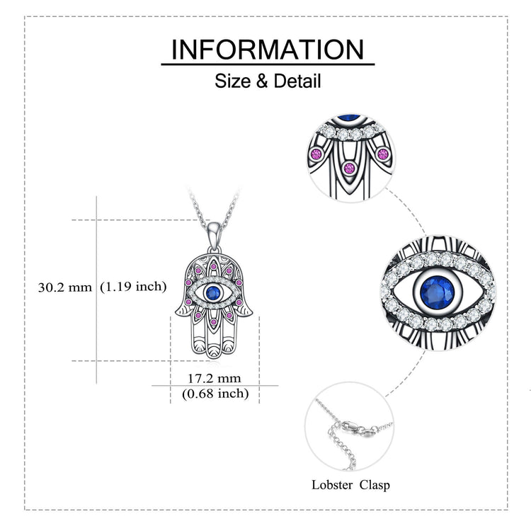 925 Sterling Silver With Cubic Zirconia Hamsa Hand Pendant Necklace