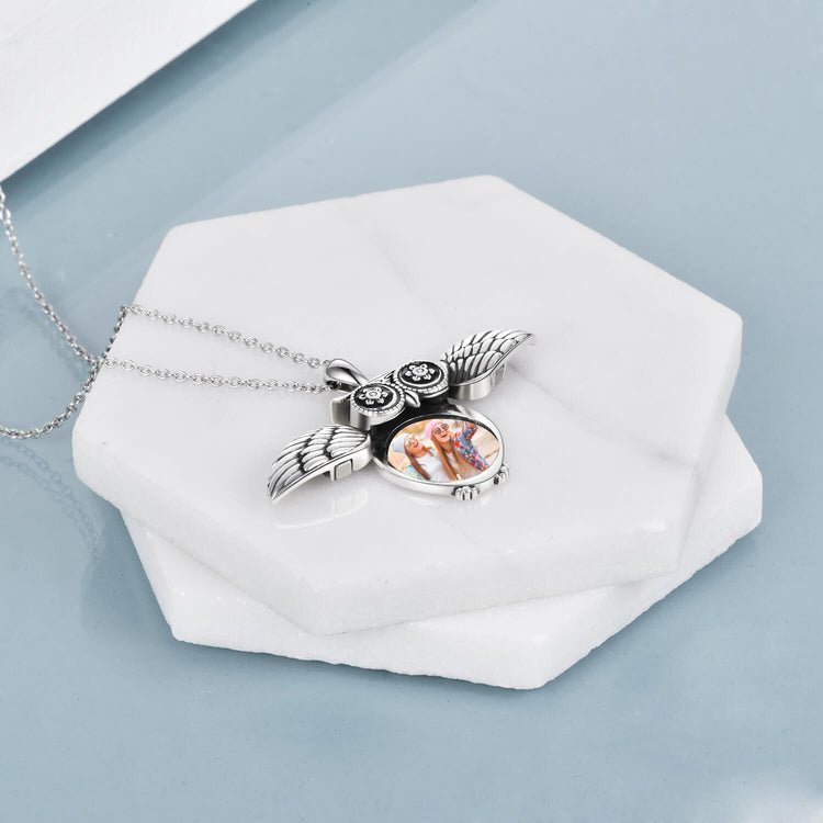 925 Sterling Silver Cute Owl Round Photo Locket Necklace
