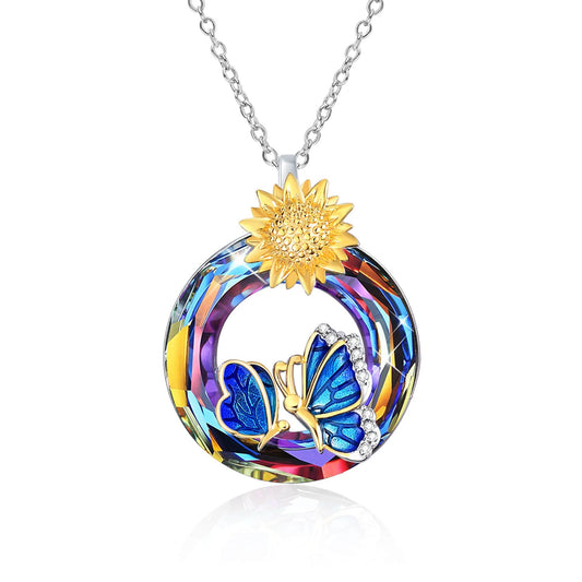 925 Sterling Silver Daisy Sunflower Butterfly Necklace With Crystal