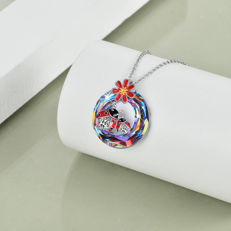 925 Sterling Silver Daisy And Ladybug Necklace With Crystal