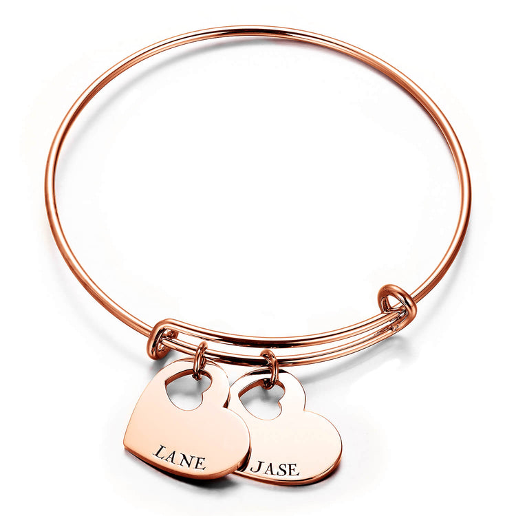 925 Sterling Silver Personalized Double Heart Name Bangle Expandable Love Bracelet - onlyone