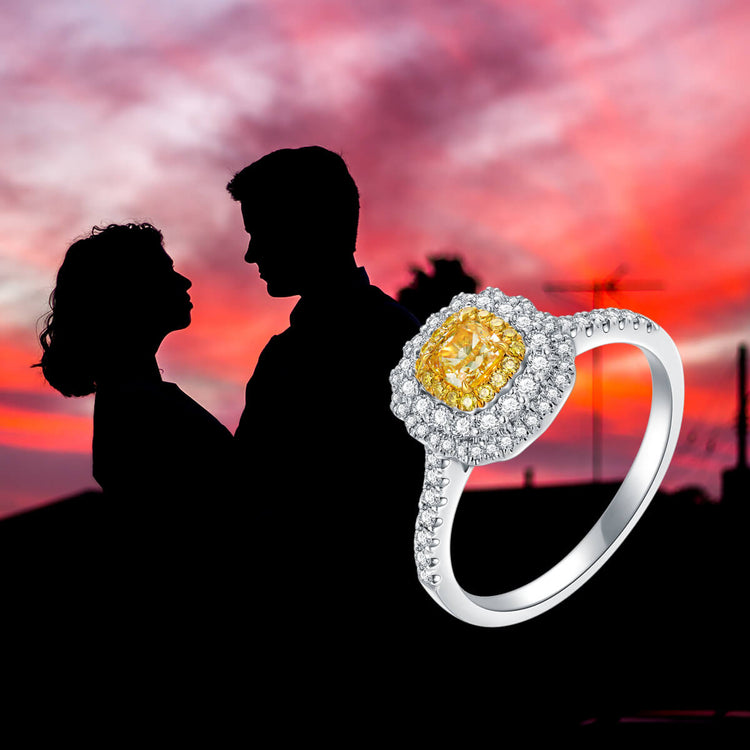 18K Classic Halo Style Yellow Diamond Ring