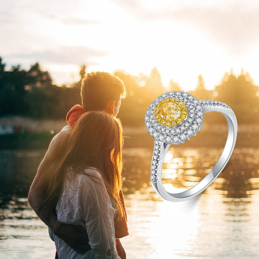 AU750 Classic Oval Halo Style Yellow Diamond Ring