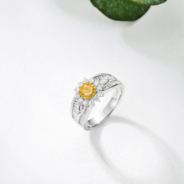 18K Flower Halo Cushion Yellow Diamond Ring