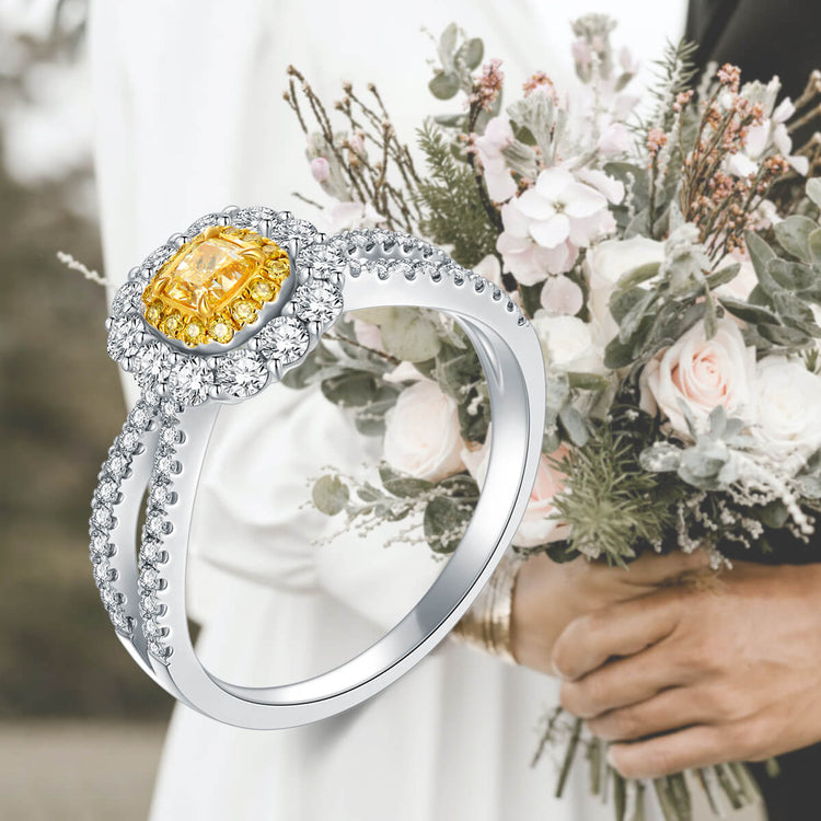 18K Lace Inspired Halo Cushion Yellow Diamond Ring