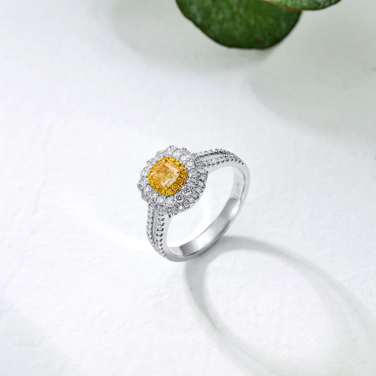 18K Vintage Halo Cushion Yellow Diamond Ring