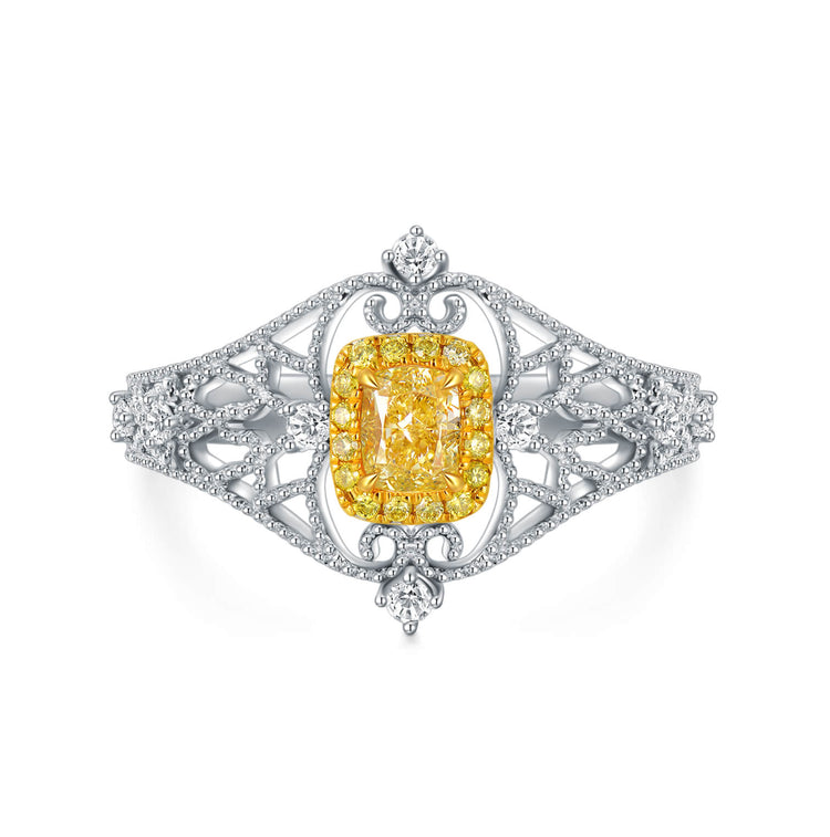 18K Vintage Cushion Yellow Diamond Ring