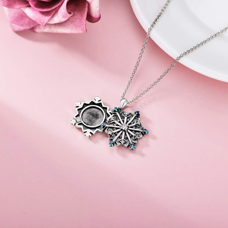 925 Sterling Silver Custom Snowflake Round Photo Locket Necklace