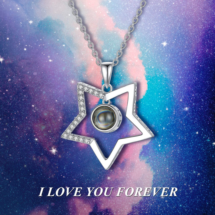 925 Sterling Silver Star  Necklace with 100 Languages I Love You Stone