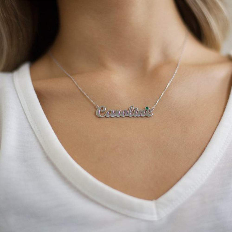925 Sterling Silver "Katie" Style Custom Name Birthstone Necklace Nameplate Necklace