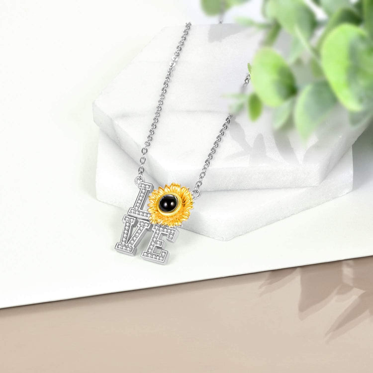 925 Sterling Silver I Love You Necklace 100 Languages Sunflower Love Pendant Crystal Love Memory Projection Necklace