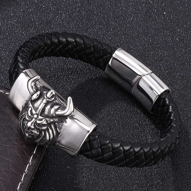 Mens Leather Bracelet With Stainless Steel Viking Head, Father's Day Bracelet - onlyone