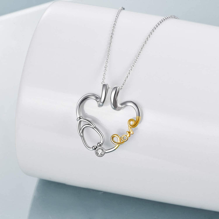 925 Sterling Silver Love Nurse Stethoscope Pendant Ring Holder Necklace