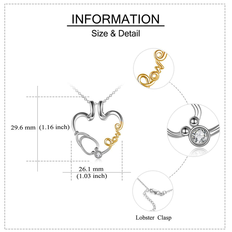 925 Sterling Silver Love Nurse Stethoscope Pendant Ring Holder Necklace