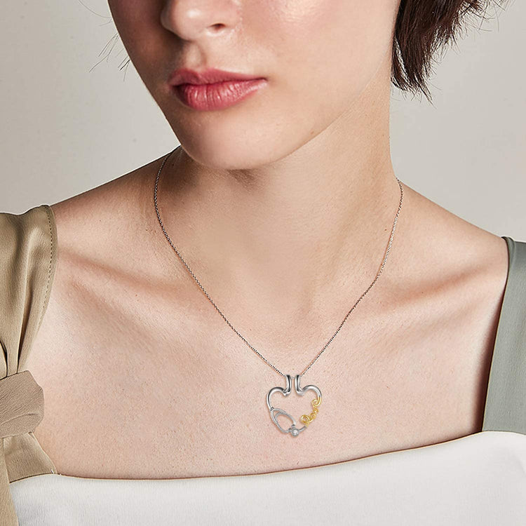 925 Sterling Silver Love Nurse Stethoscope Pendant Ring Holder Necklace