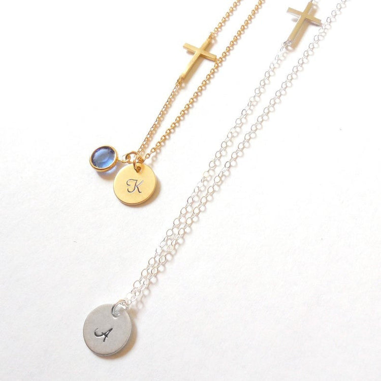 925 Sterling Silver Sideways Cross Necklace, Custom Initial Birthstone Necklace