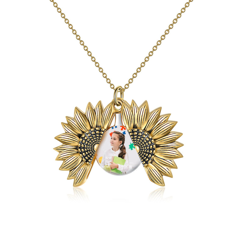 925 Sterling Silver Custom Photo Sunflower Locket Necklace - onlyone
