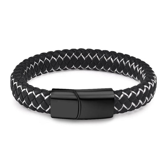 Punk Black Blue Braided Mens Leather Bracelet Stainless Steel Magnetic Clasp Bracelet, Father's Day Bracelet - onlyone