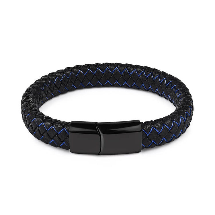 Punk Black Blue Braided Mens Leather Bracelet Stainless Steel Magnetic Clasp Bracelet, Father's Day Bracelet - onlyone