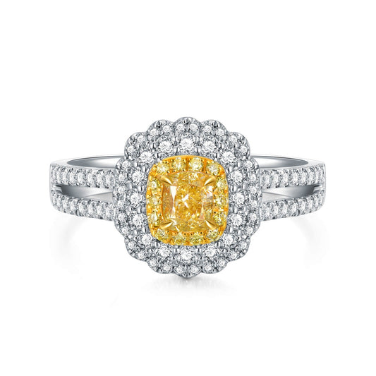 18K Vintage Halo Cushion Yellow Diamond Ring