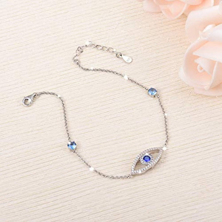 925 Sterling Silver Evil Eye Sapphire Blue Sparkling Cubic Zirconia Adjustable Anklet