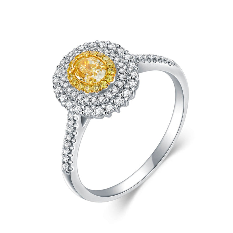 AU750 Classic Oval Halo Style Yellow Diamond Ring