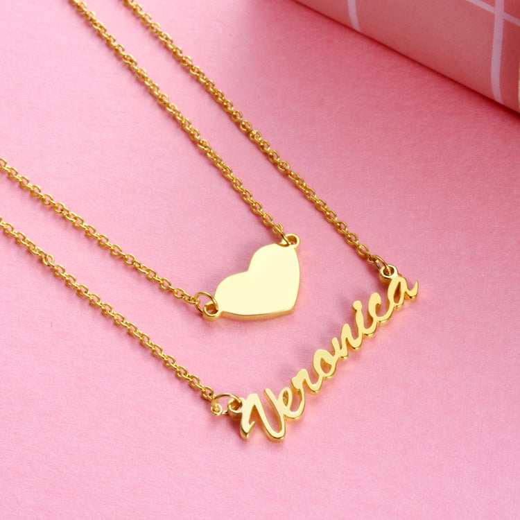 925 Sterling Silber zwei Schichten Herz Name Halskette Namensschild Halskette
